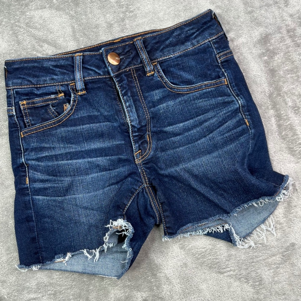 American Eagle Hi-Rise Shortie Jeans Womens 2 Blue Stretch Raw Hem Distressed